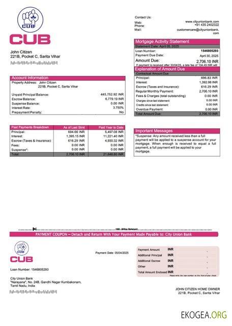 Modèle Word et PDF de relevé hypothécaire de l'India City Union Bank